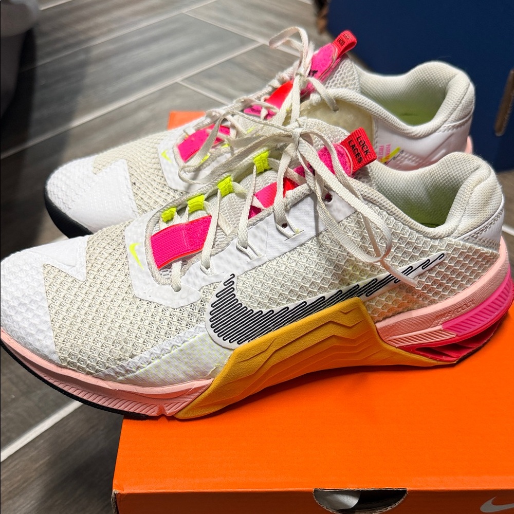Nike Women's Metcon White Training Sneakers with Neon Pink & Yellow Accents